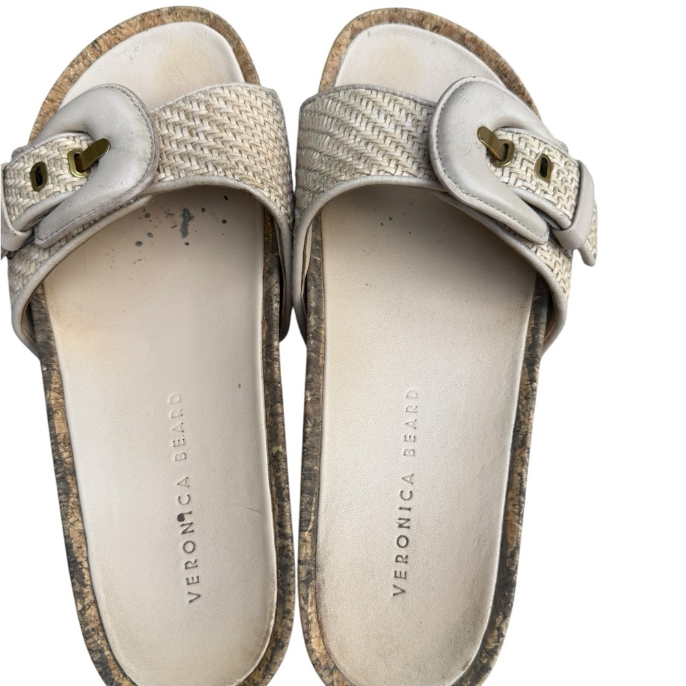 Veronica Beard Beige Woven Slides Wedge Heel Buckle - Picture 5 of 11